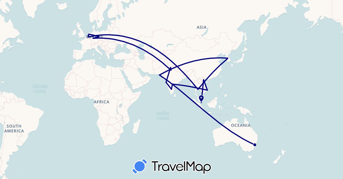 TravelMap itinerary: driving in Australia, Belgium, Germany, Indonesia, India, South Korea, Netherlands, Pakistan, Singapore, Thailand, Vietnam (Asia, Europe, Oceania)